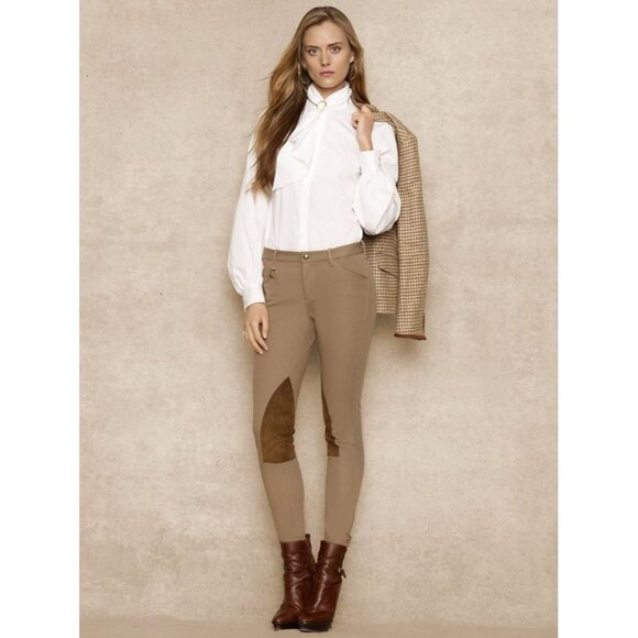 RALPH LAUREN Tan Stretch Cotton Suede Patch Skinny Jodhpur Riding Pants, Size 8 - Picture 1 of 14